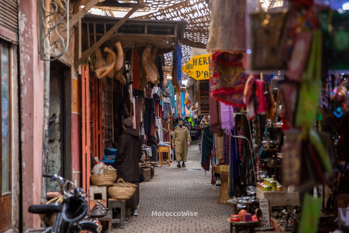 Traditional market street and shops in Tangier's old medina